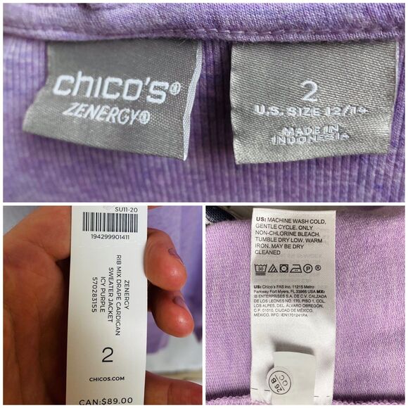 Chico’s Zenergy Cardigan Size 2 (12/14) Lavender Rib Mix Drape Open Sweater NWT - Picture 10 of 11